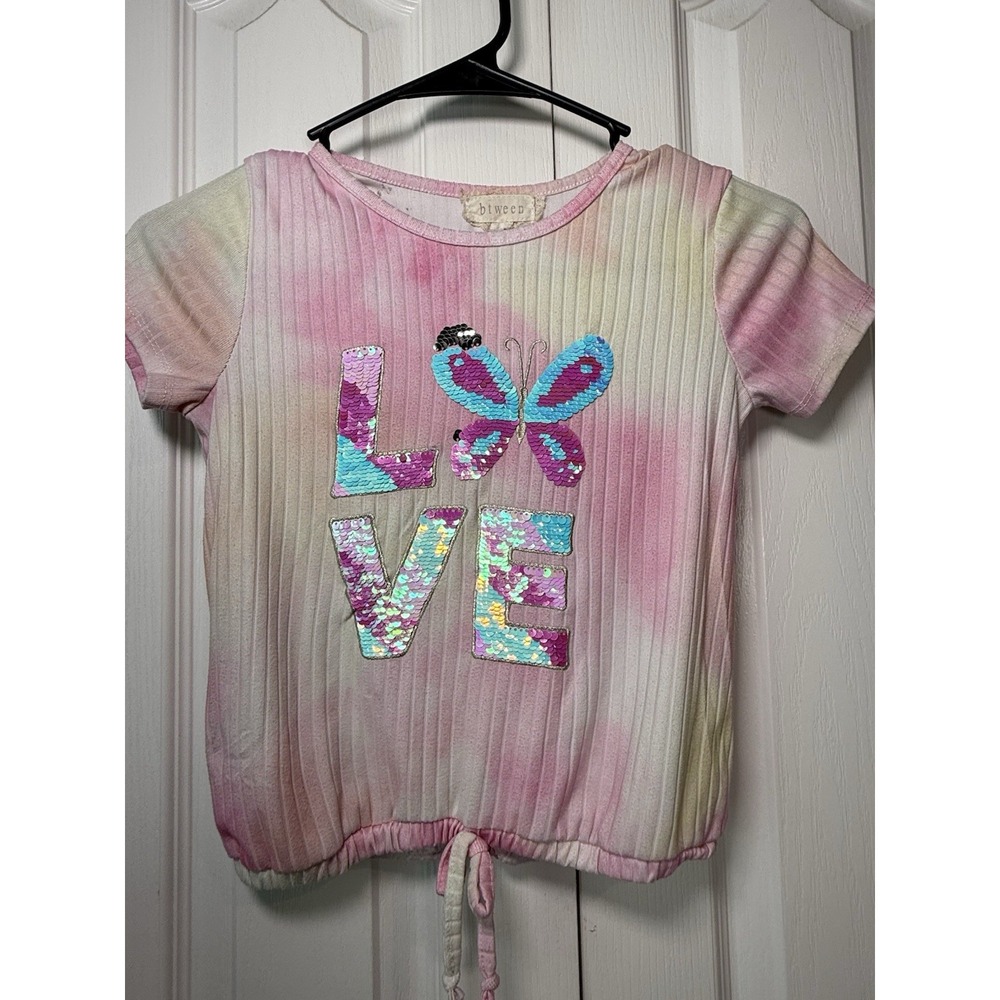 Girls Btween Size 8 Tie Dye Ribbed Sequin LOVE Butterfly Short Sleeve Top